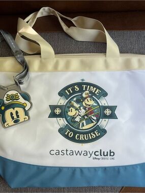 Castaway Club Disney Tote in Cream and Blue w/ Mickey Lanyard